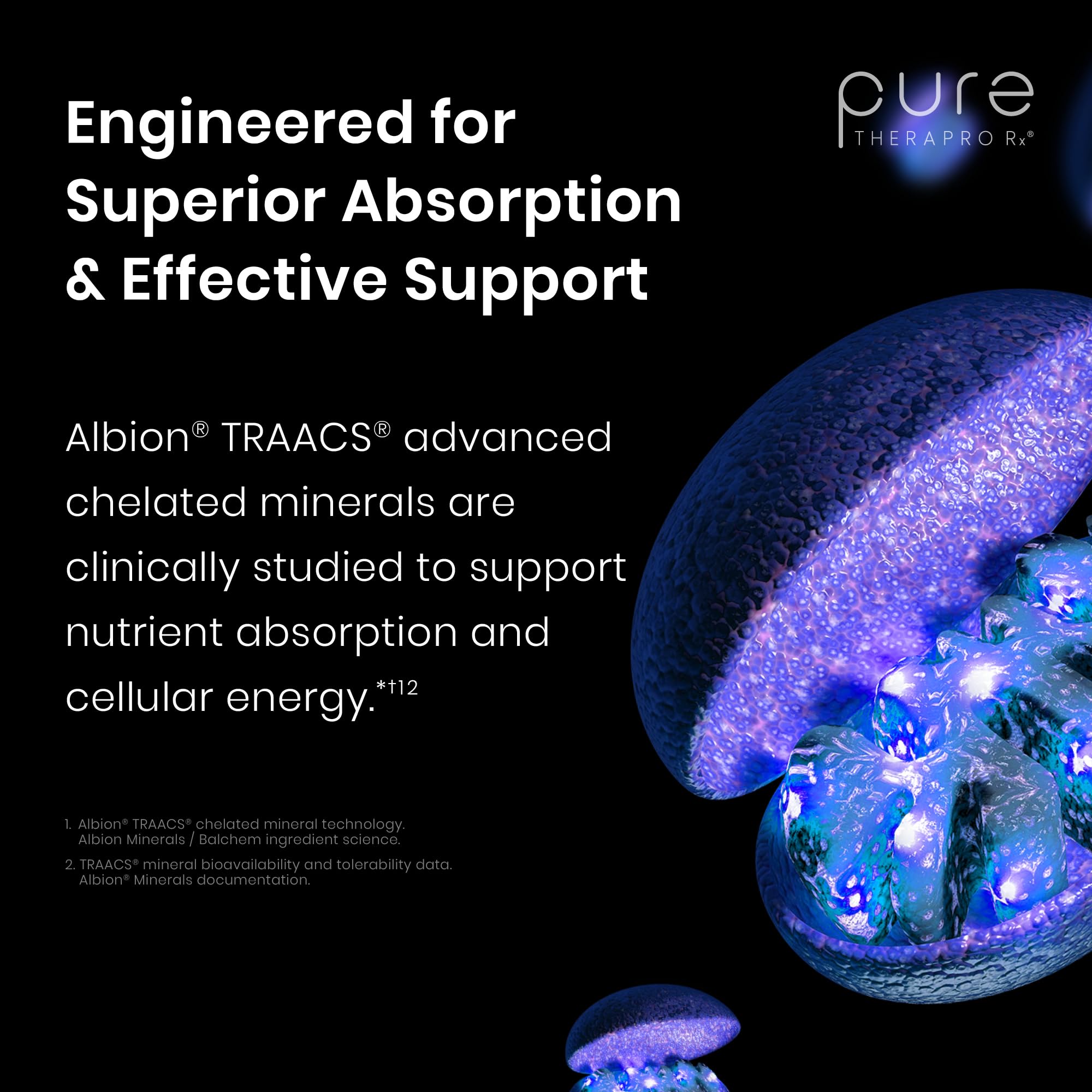 Pure Therapro Rx Albion TRAACS minerals provide chelated mineral support for absorption.