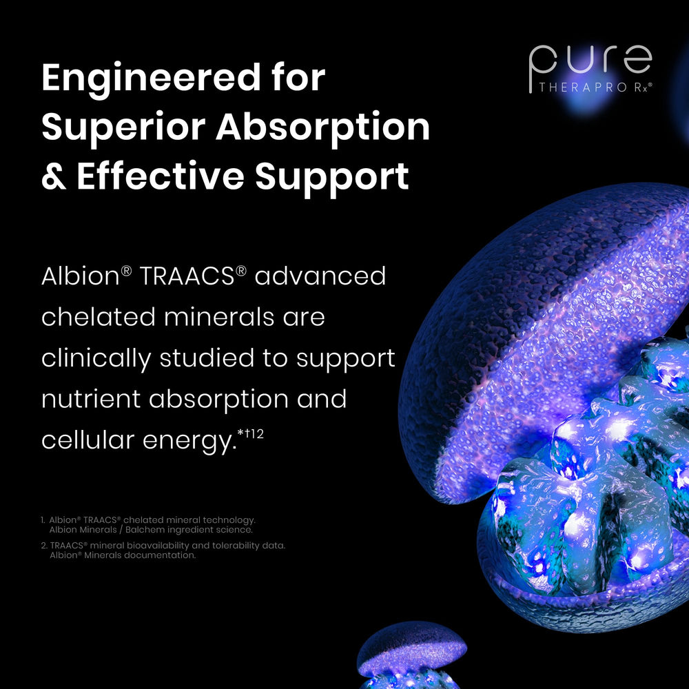 Pure Therapro Rx Albion TRAACS minerals provide chelated mineral support for absorption.