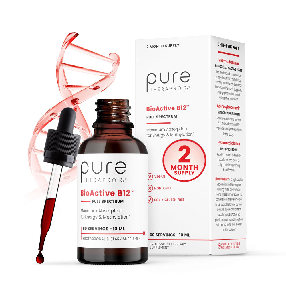 Pure TheraPro Rx B12 liquid bottle ready for daily energy metabolism support
