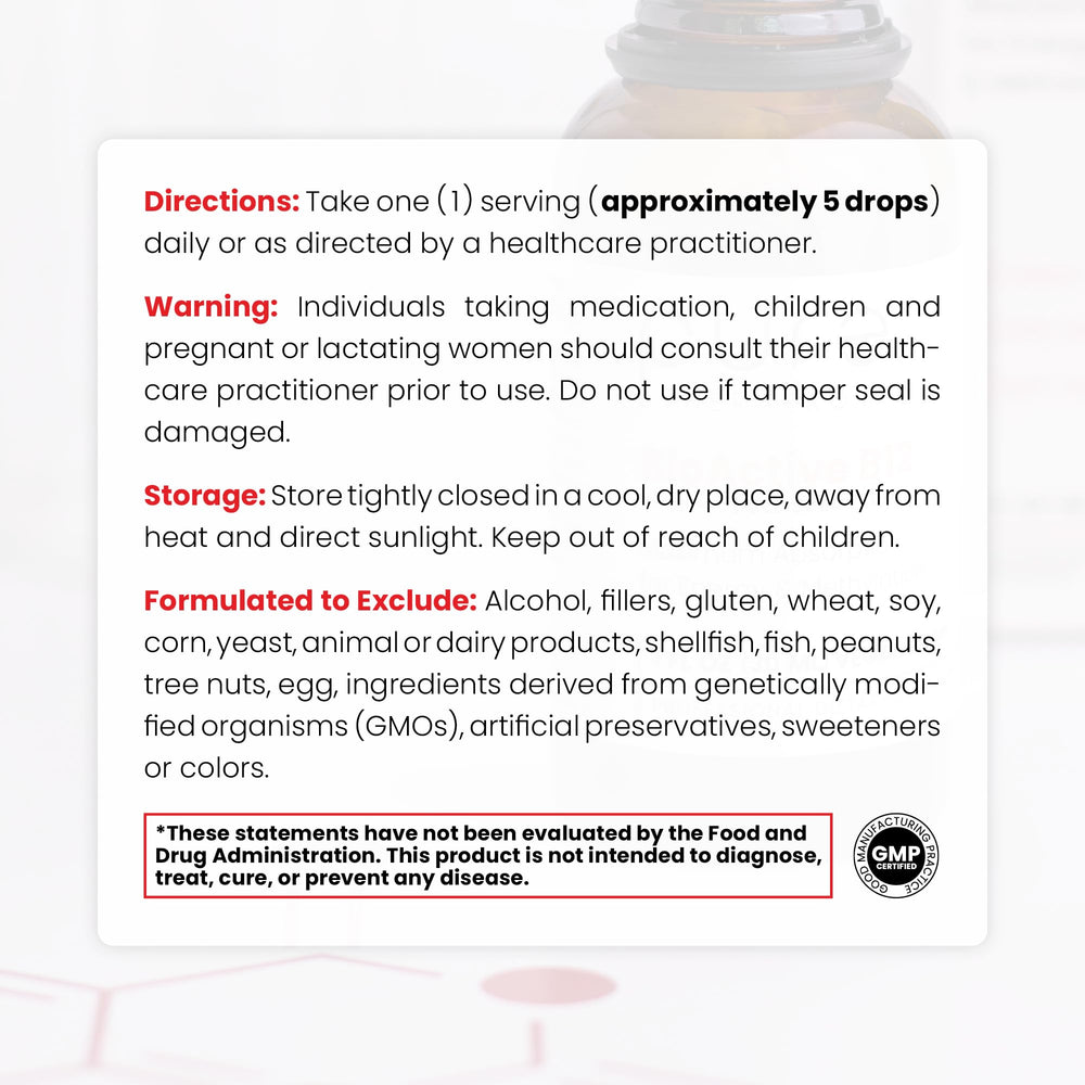 Close-up of Pure TheraPro Rx B12 liquid bottle signaling premium quality