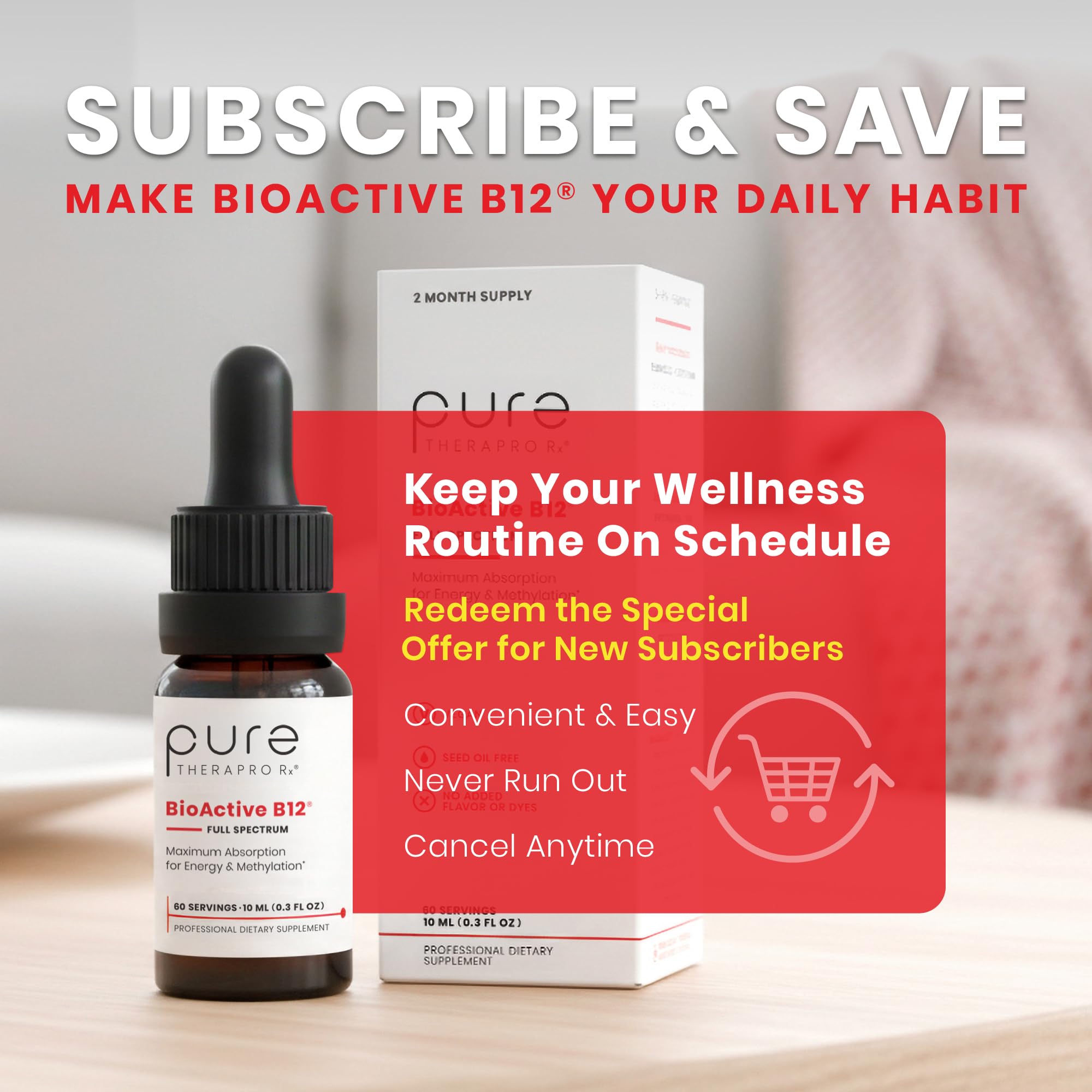 Dropper dispensing Pure TheraPro Rx B12 liquid for precise dosing and quick absorption