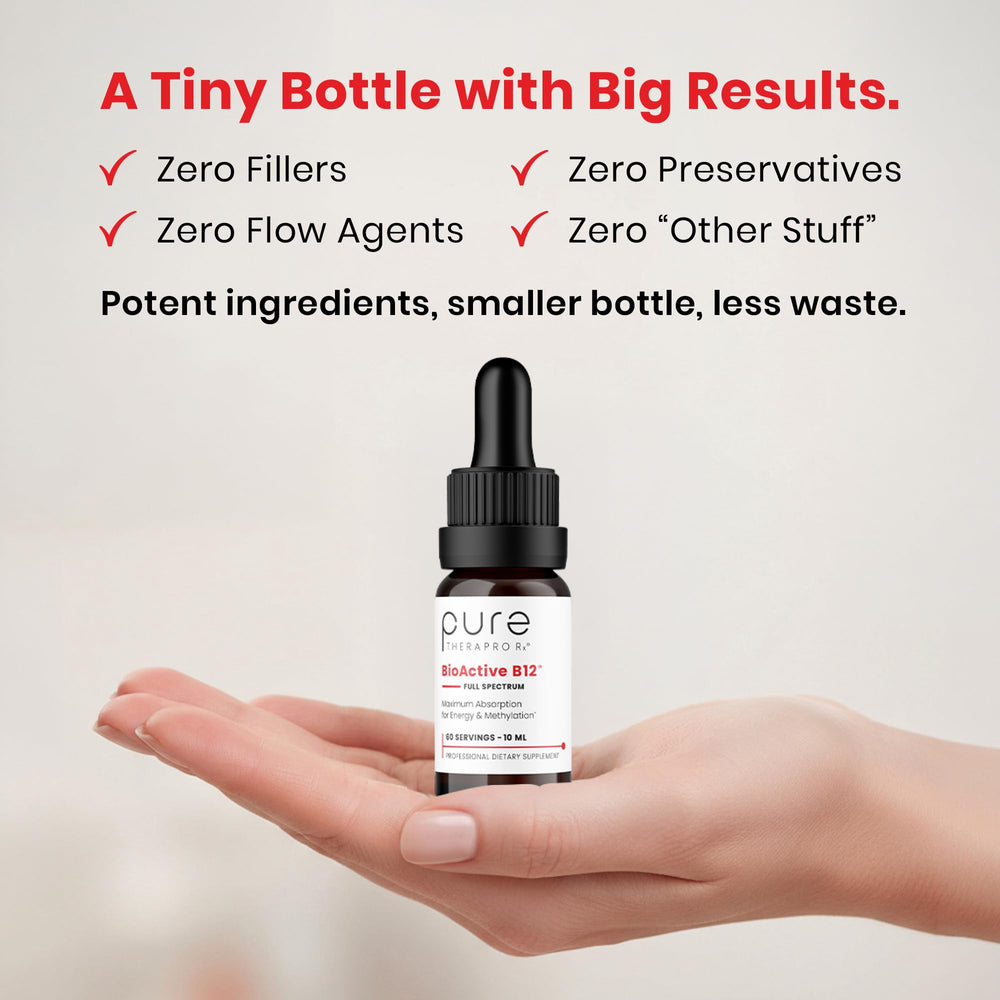Pure TheraPro Rx B12 bottle showing USA manufacturing and NSF-certified packaging