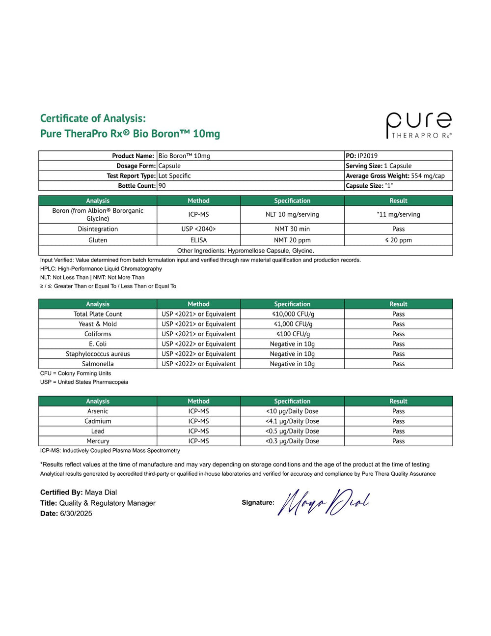 Three-month supply calendar with Pure TheraPro Rx for planning use.