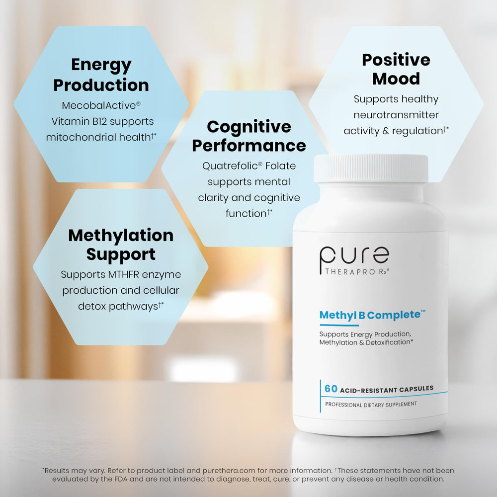 Pure Therapro Rx Methyl B Complete bottle top close-up emphasizing high-purity, allergen-free design.