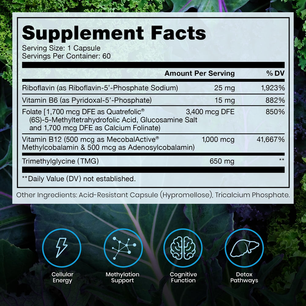 Pure Therapro Rx Methyl B Complete label closeup featuring Quatrefolic 5-MTHF for active folate.
