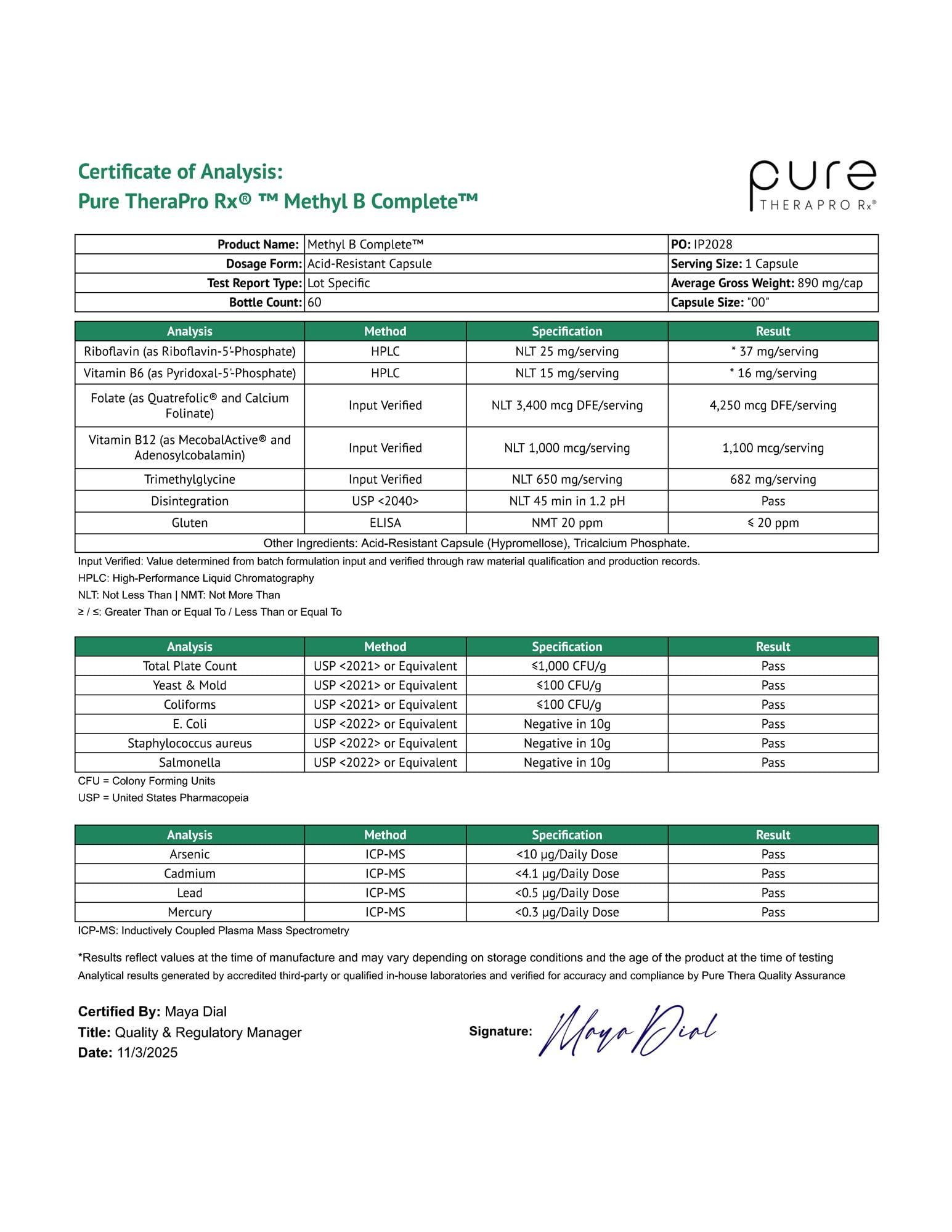 Pure Therapro Rx Methyl B Complete seal and cap signaling product integrity and safety.