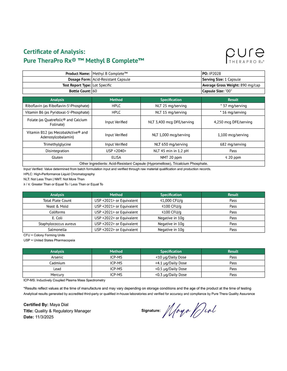 Pure Therapro Rx Methyl B Complete seal and cap signaling product integrity and safety.