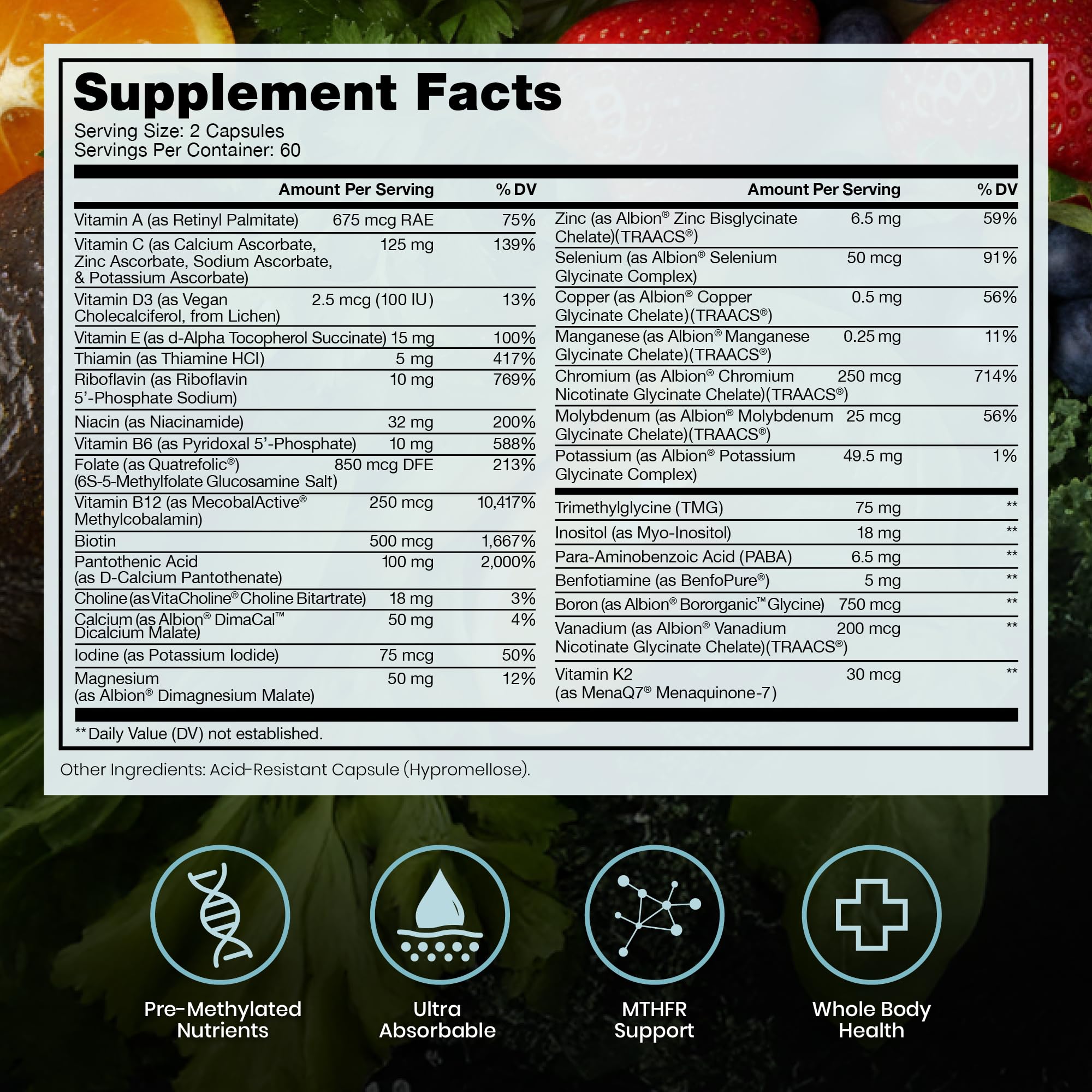 Pure Therapro Rx Methyl Multi without Iron capsules highlight plant-based, acid-resistant DRcaps.