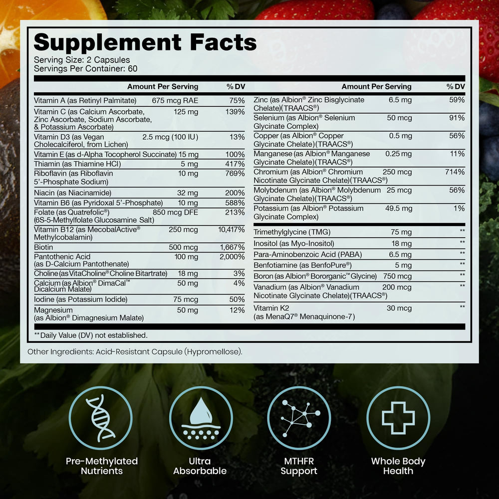 Pure Therapro Rx Methyl Multi without Iron capsules highlight plant-based, acid-resistant DRcaps.