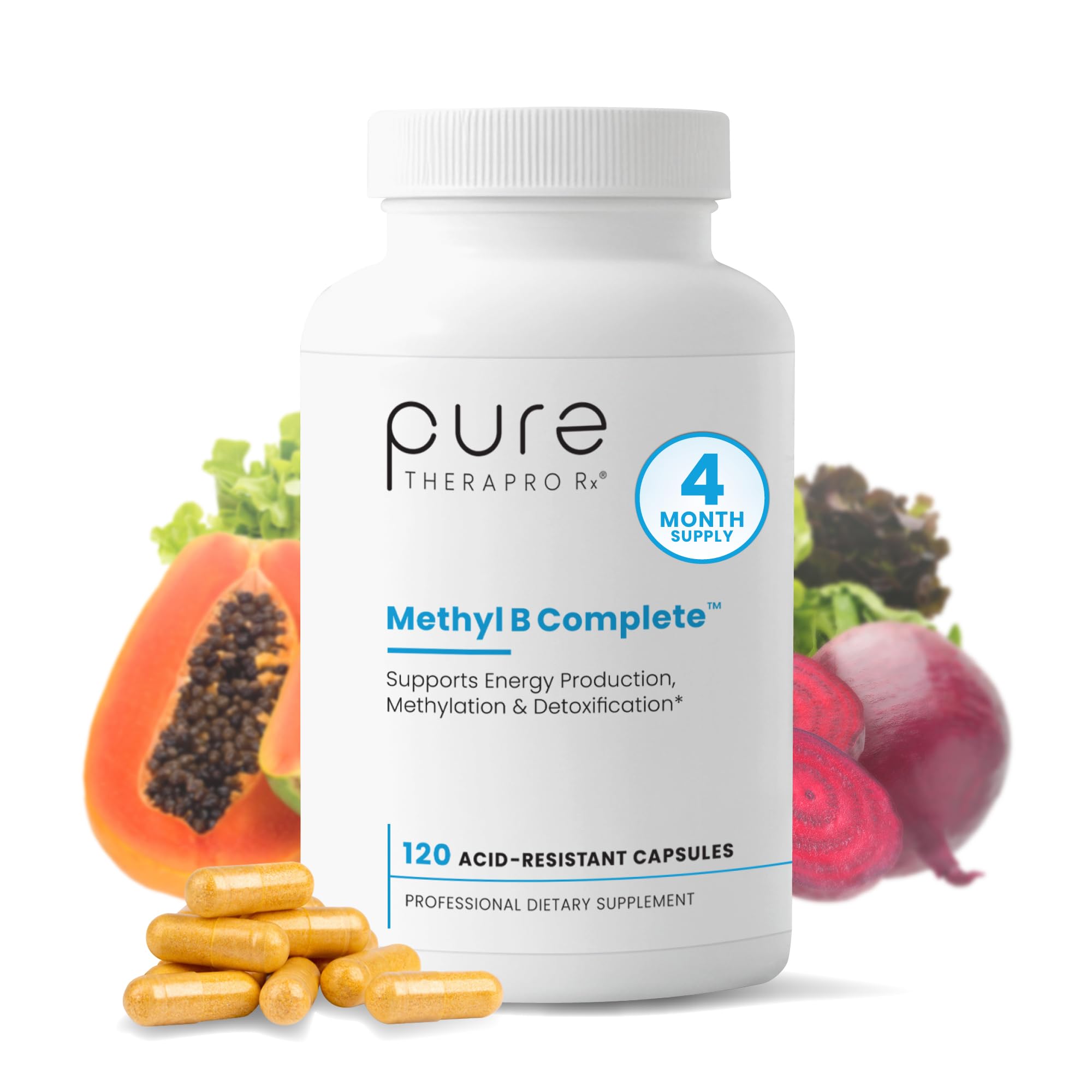 Pure Therapro Rx Methylated B Complex bottle label highlights Quatrefolic and essential B vitamins.