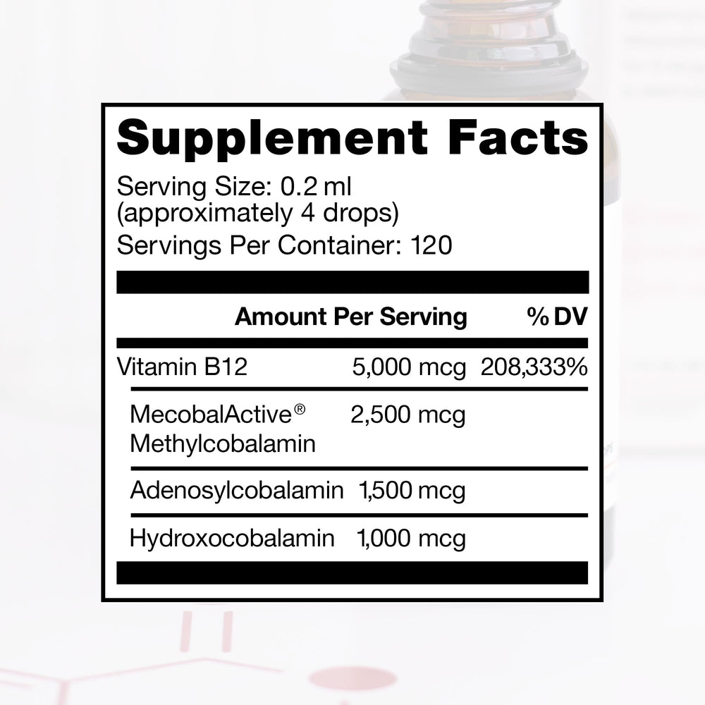 Liquid B12 with methylcobalamin and adenosylcobalamin highlight