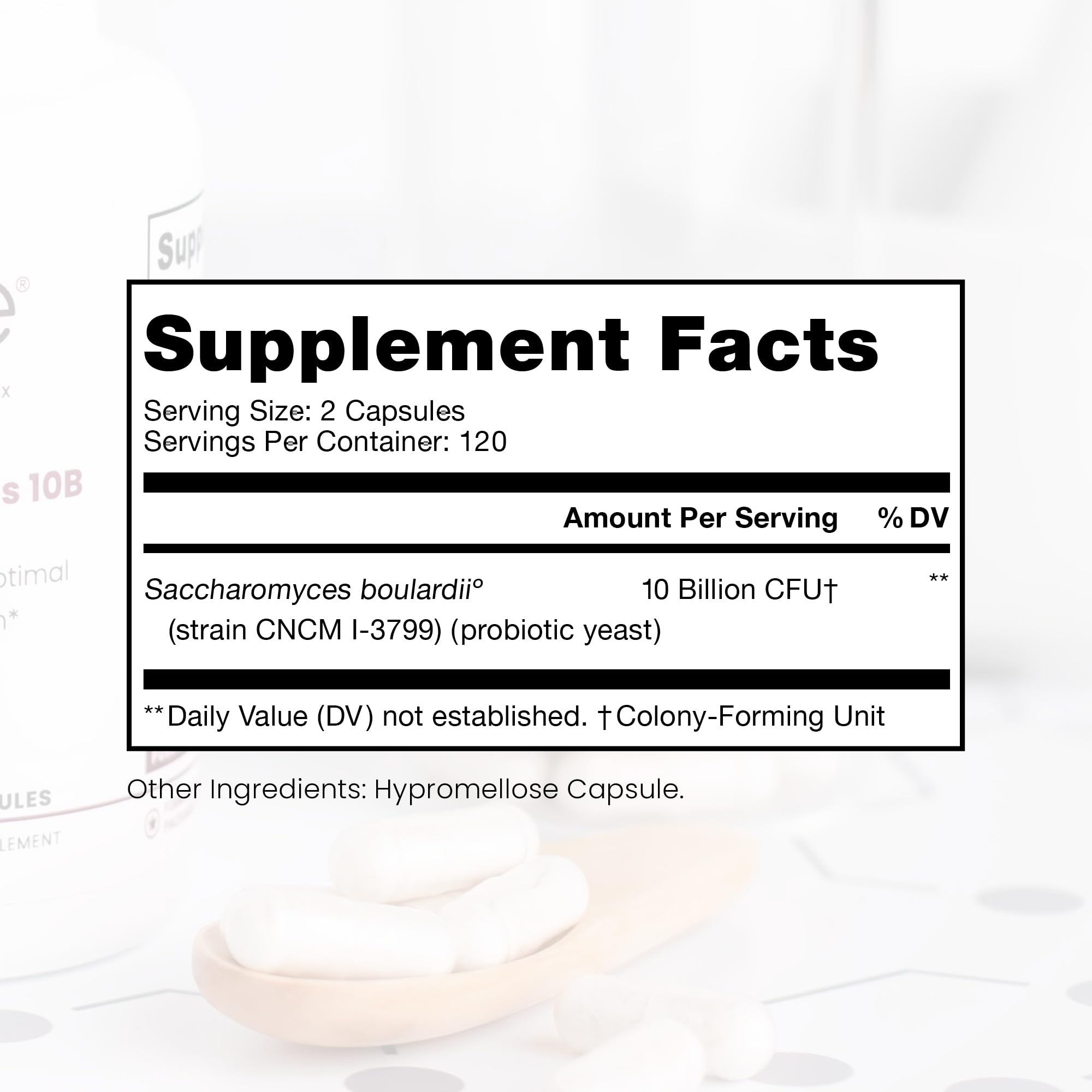 Close-up of capsules highlighting 10B CFU formulation for GI support.
