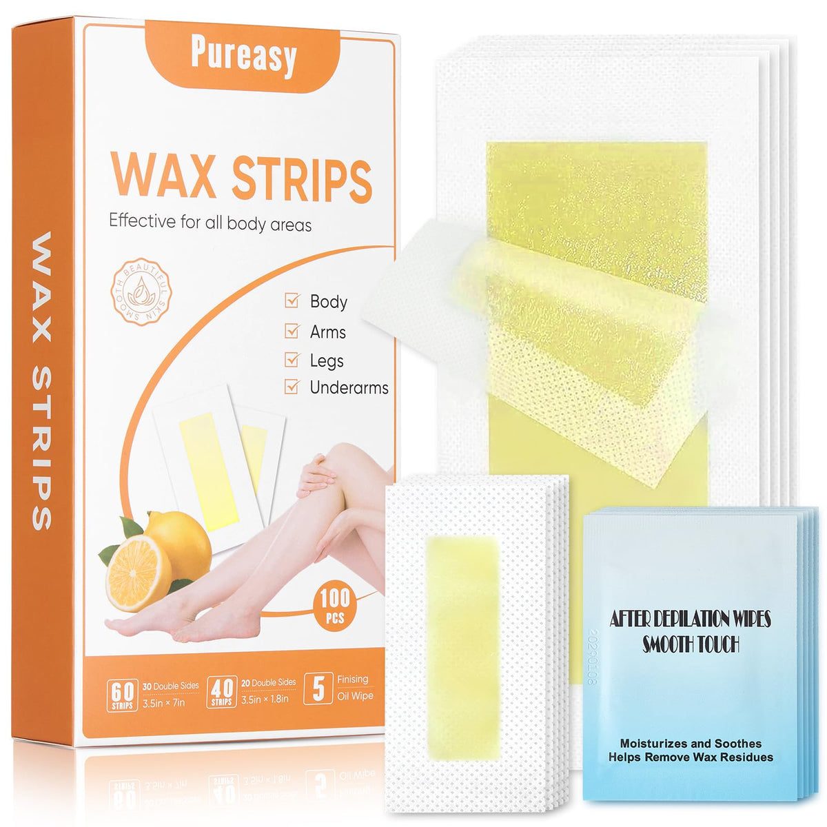 Pureasy wax strips packaging shown for easy at-home use