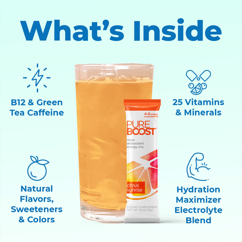 Glass of water with Pureboost dissolved, showcasing refreshing hydration.