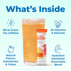 Glass of water with Pureboost dissolved, showcasing refreshing hydration.