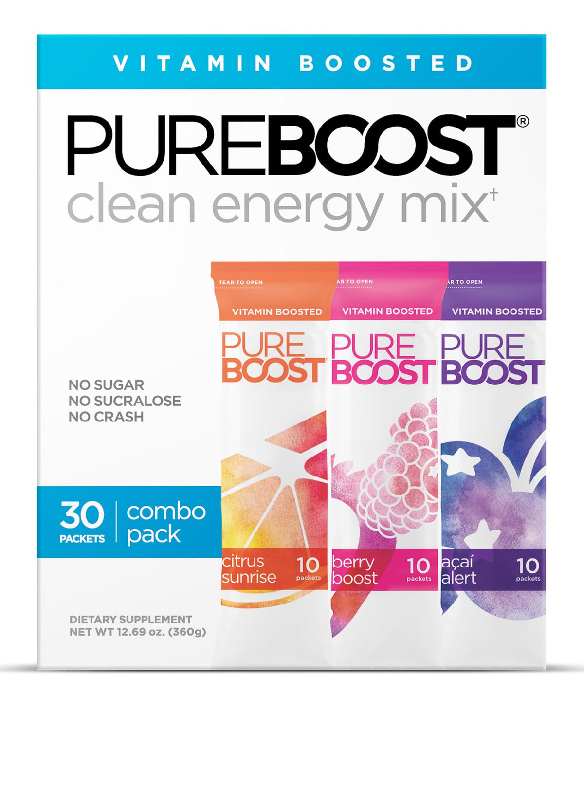 Pureboost Clean Energy Booster packet front shows branding for quick, sugar-free energy on the go.