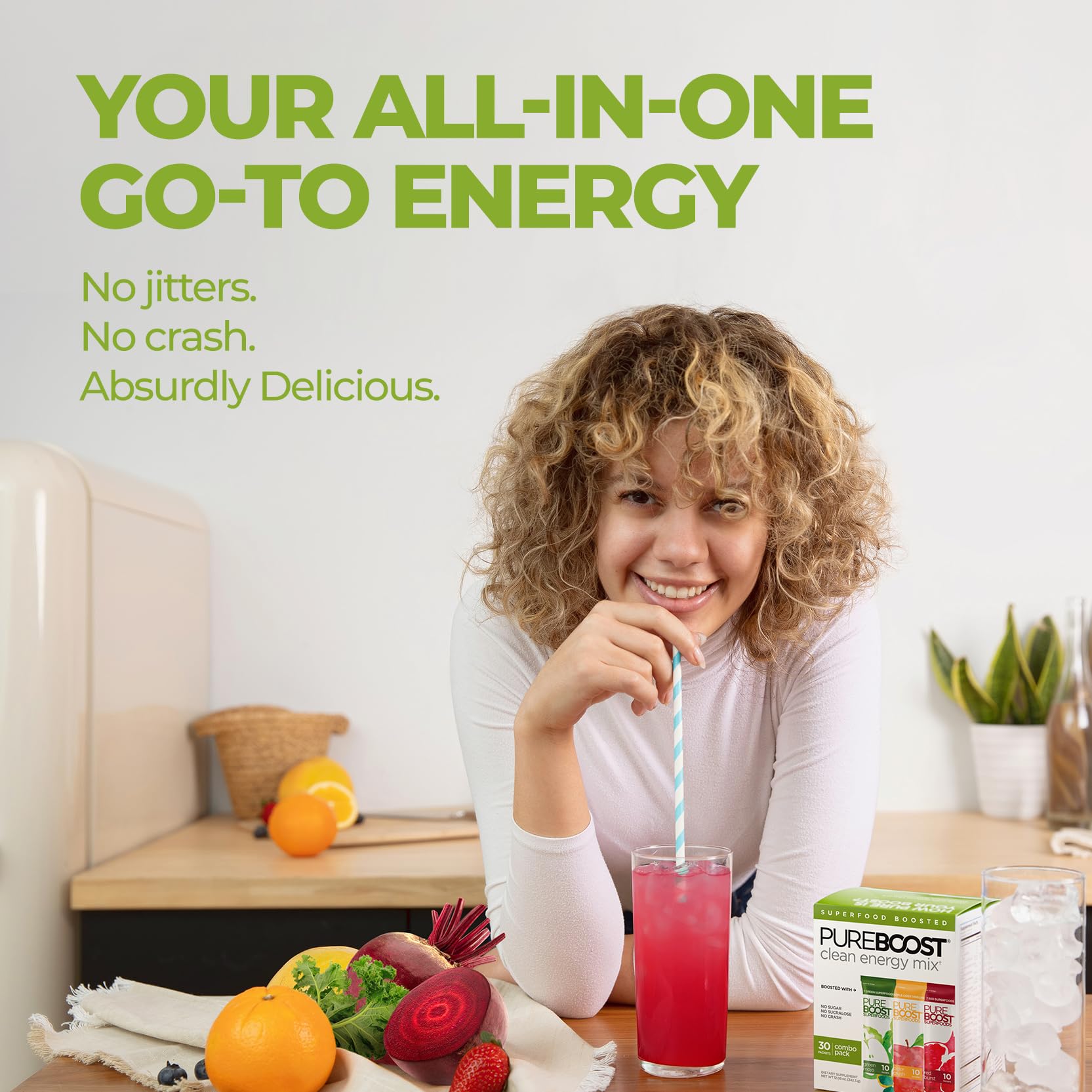 Pureboost organic spirulina and chlorella indicate nutrient-rich greens.