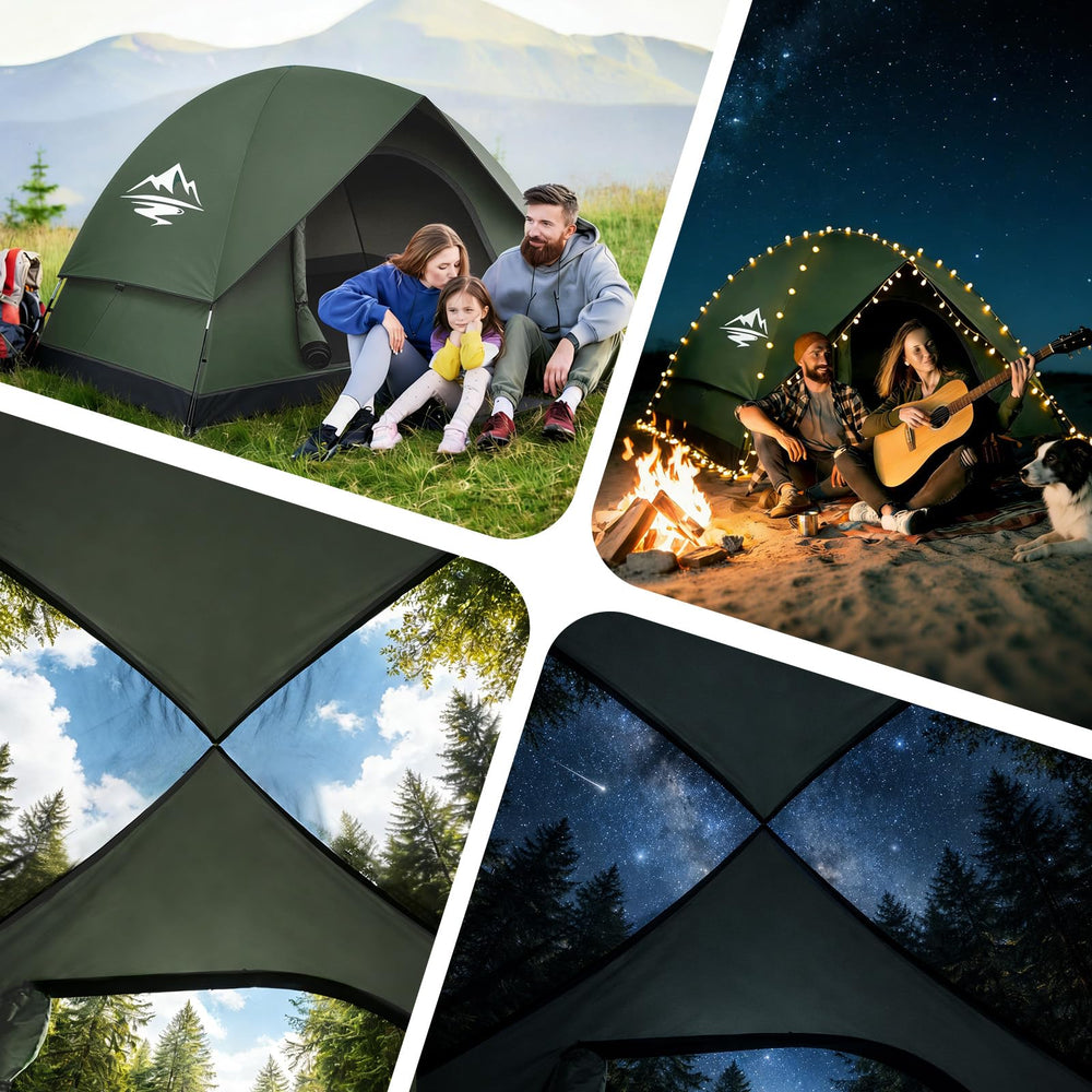 Removable blackout rainfly adds versatility for day or night use.
