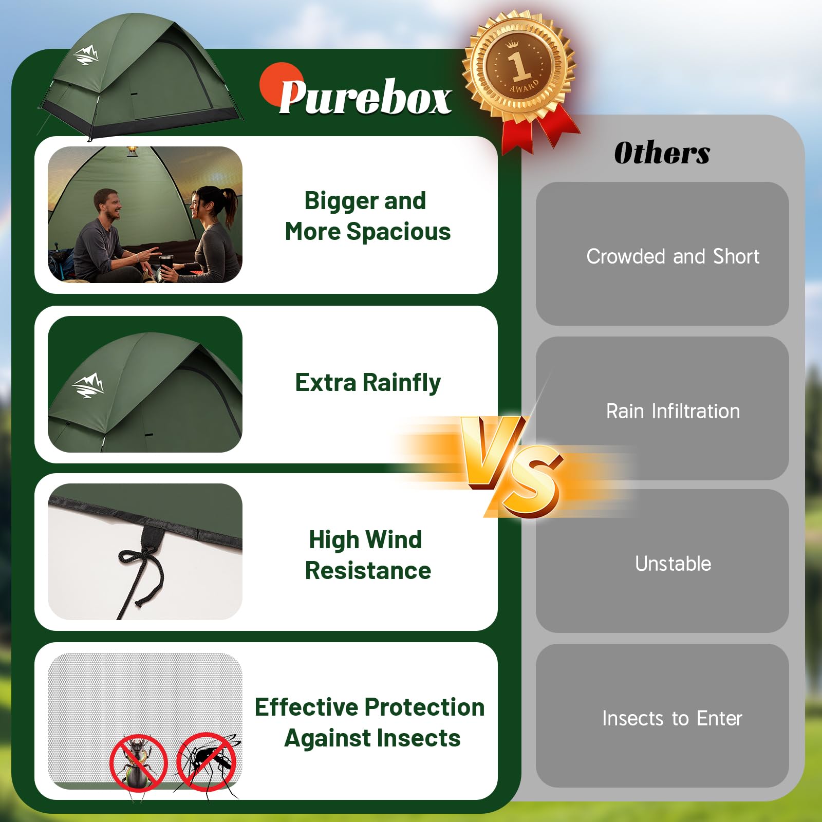 Purebox waterproof rainfly keeps you dry during rain showers.