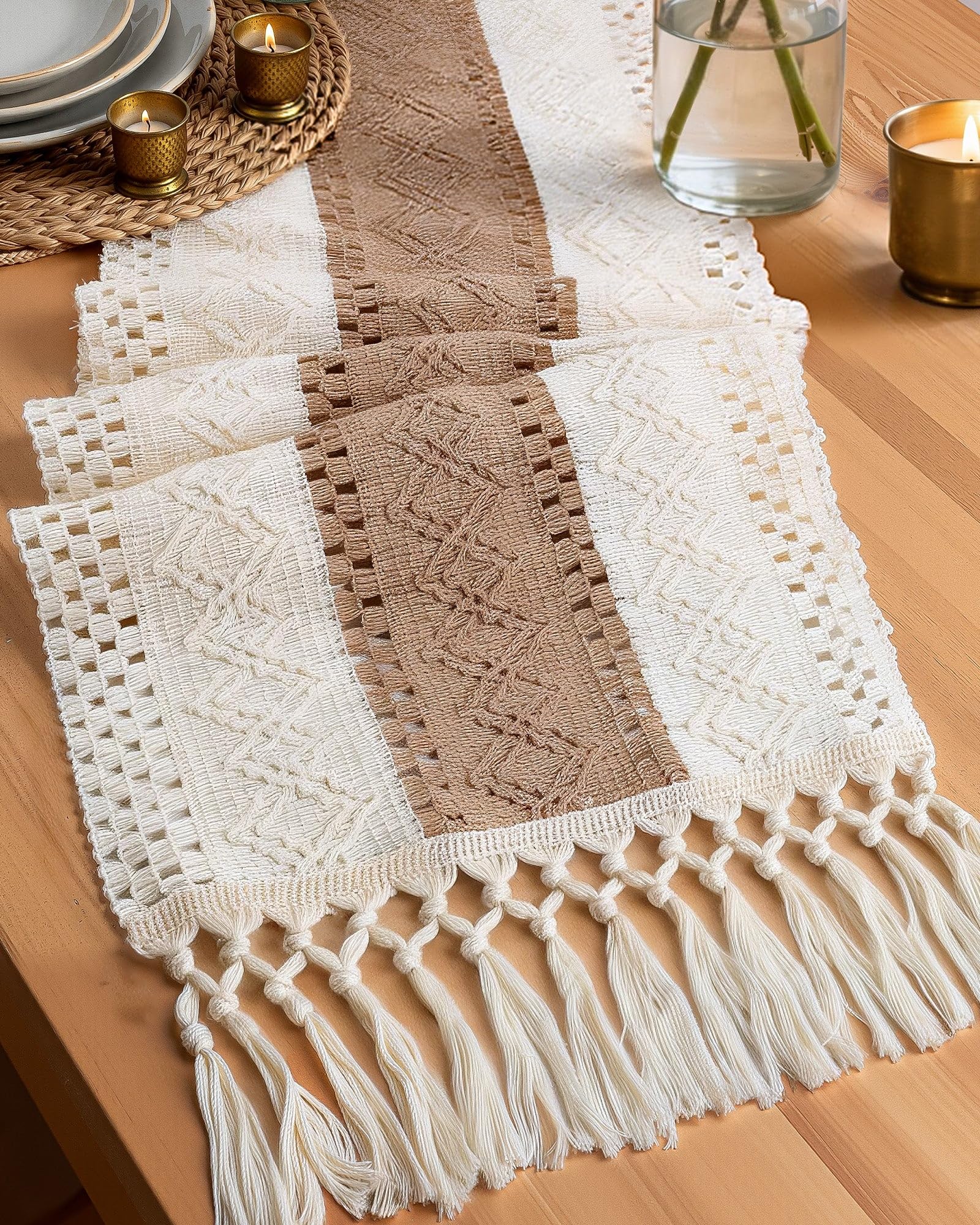 Pureegg Farmhouse table runner with tassel detail adds casual dining elegance