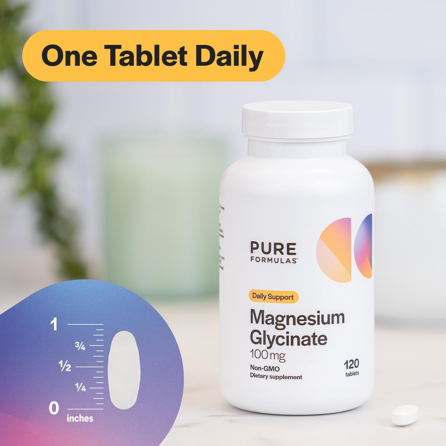 PureFormulas magnesium glycinate bottle on shelf, clean labeling suggests purity, quality, and non-GMO assurance.