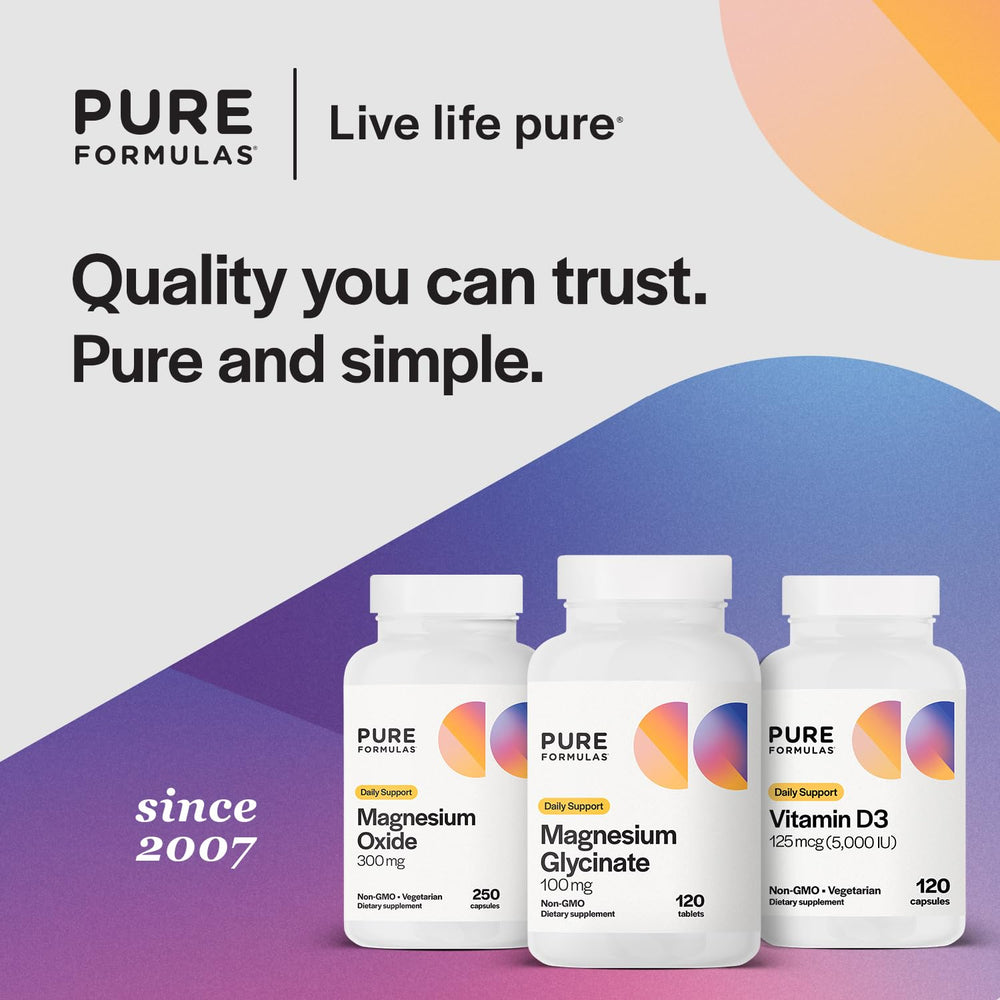 PureFormulas magnesium glycinate purity label, close-up on seal indicating rigorous testing for potency.