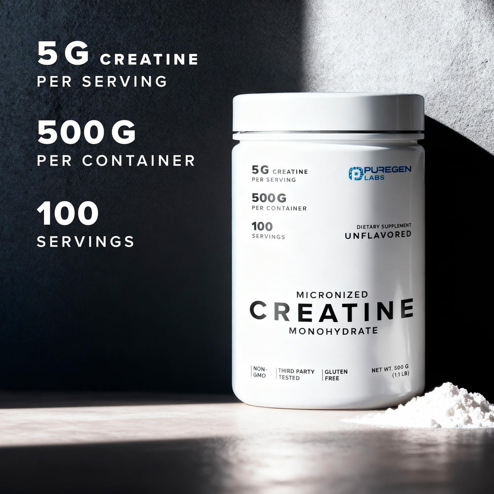 Puregen Labs 500g packaging showcases unflavored, additive-free creatine for workouts.