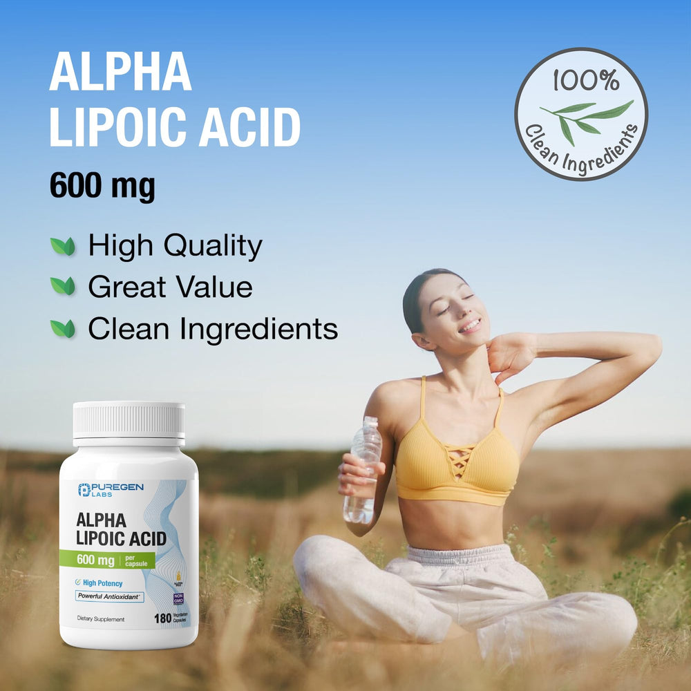 Puregen Labs Alpha Lipoic Acid 600mg daily use image; supports energy metabolism.