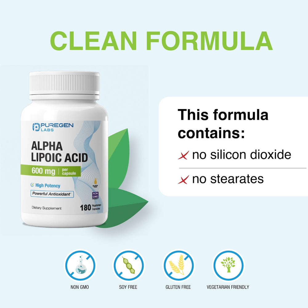 Puregen Labs Alpha Lipoic Acid 600mg supplement facts panel; non-GMO formulation.