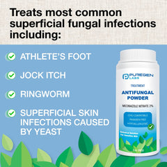 Puregen Labs Antifungal Powder texture closeup shows a fine, easy-to-dispense powder.