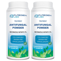 Puregen Labs Antifungal Powder tub front shows a talc-free formula for daily use.