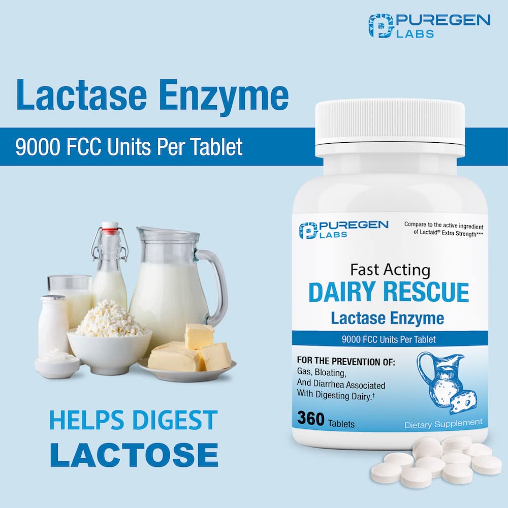 Puregen Labs Dairy Relief bottle dispense illustrates easy dosing with meals containing dairy.
