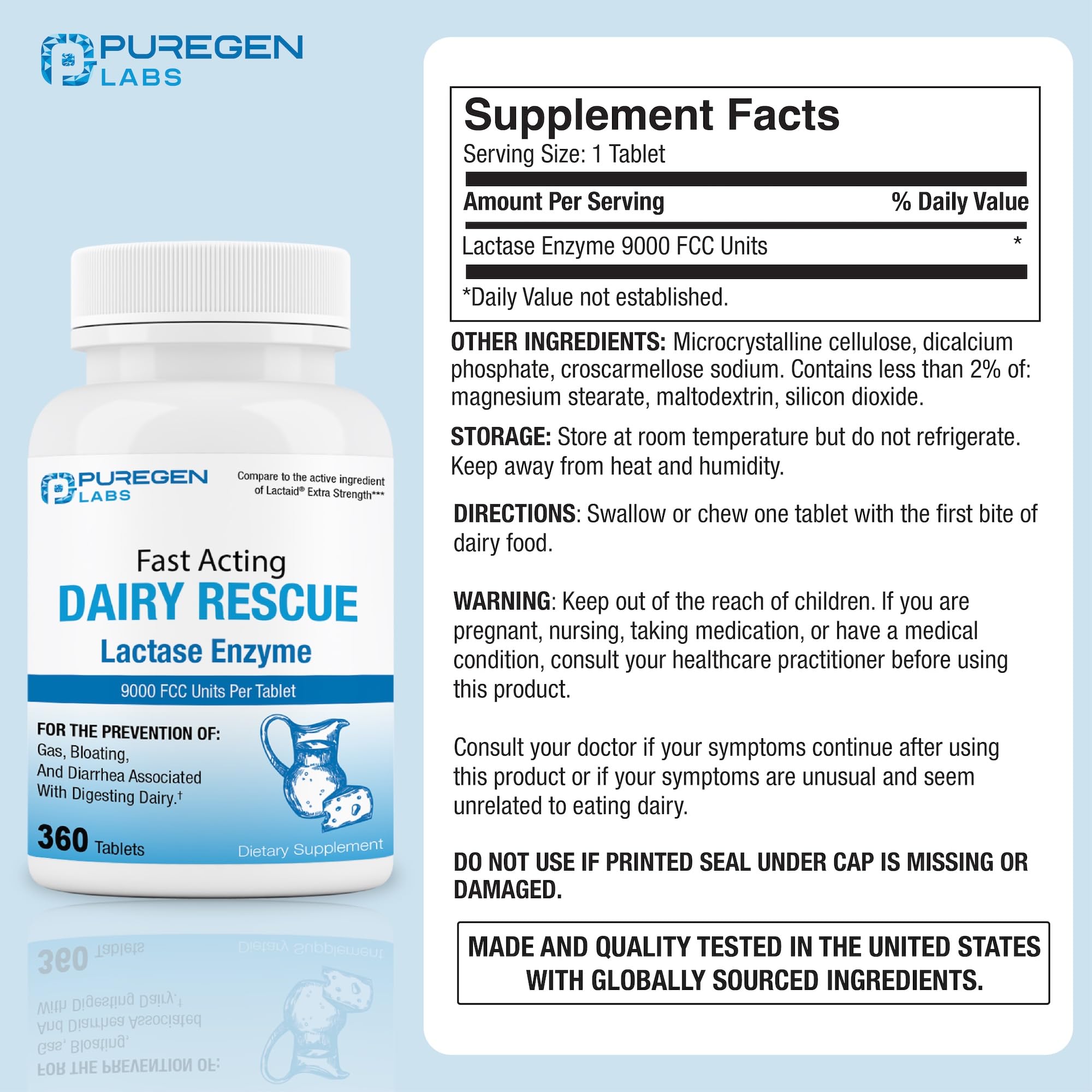 Puregen Labs Dairy Relief tablets closeup shows 9000 FCC strength for dairy digestion.