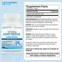 Puregen Labs Dairy Relief tablets closeup shows 9000 FCC strength for dairy digestion.