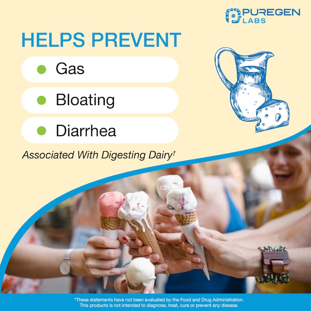 Puregen Labs Fast-acting Dairy Relief caplets for lactose handling during meals.