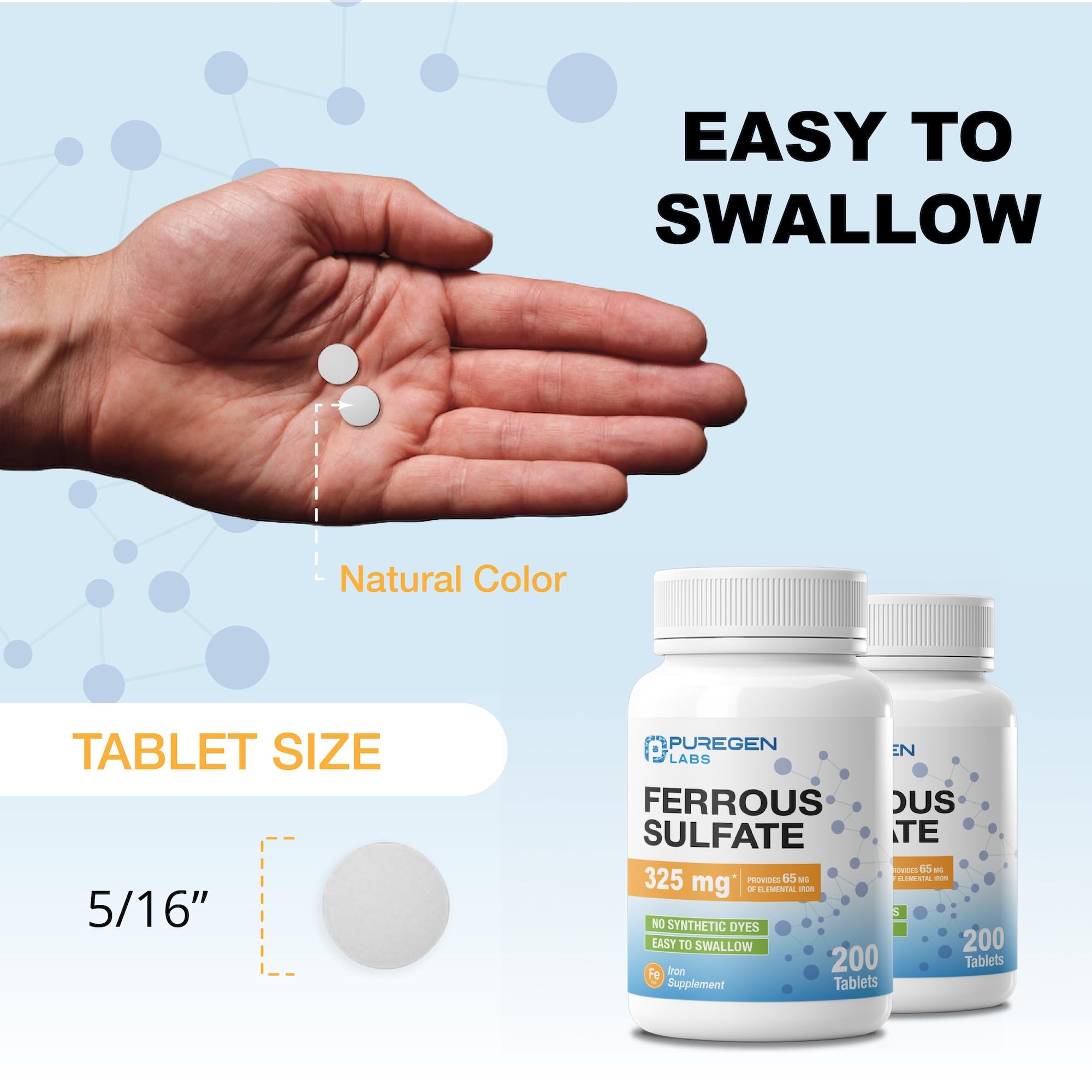 Puregen Labs Ferrous Sulfate health-benefits graphic communicates potential energy support.