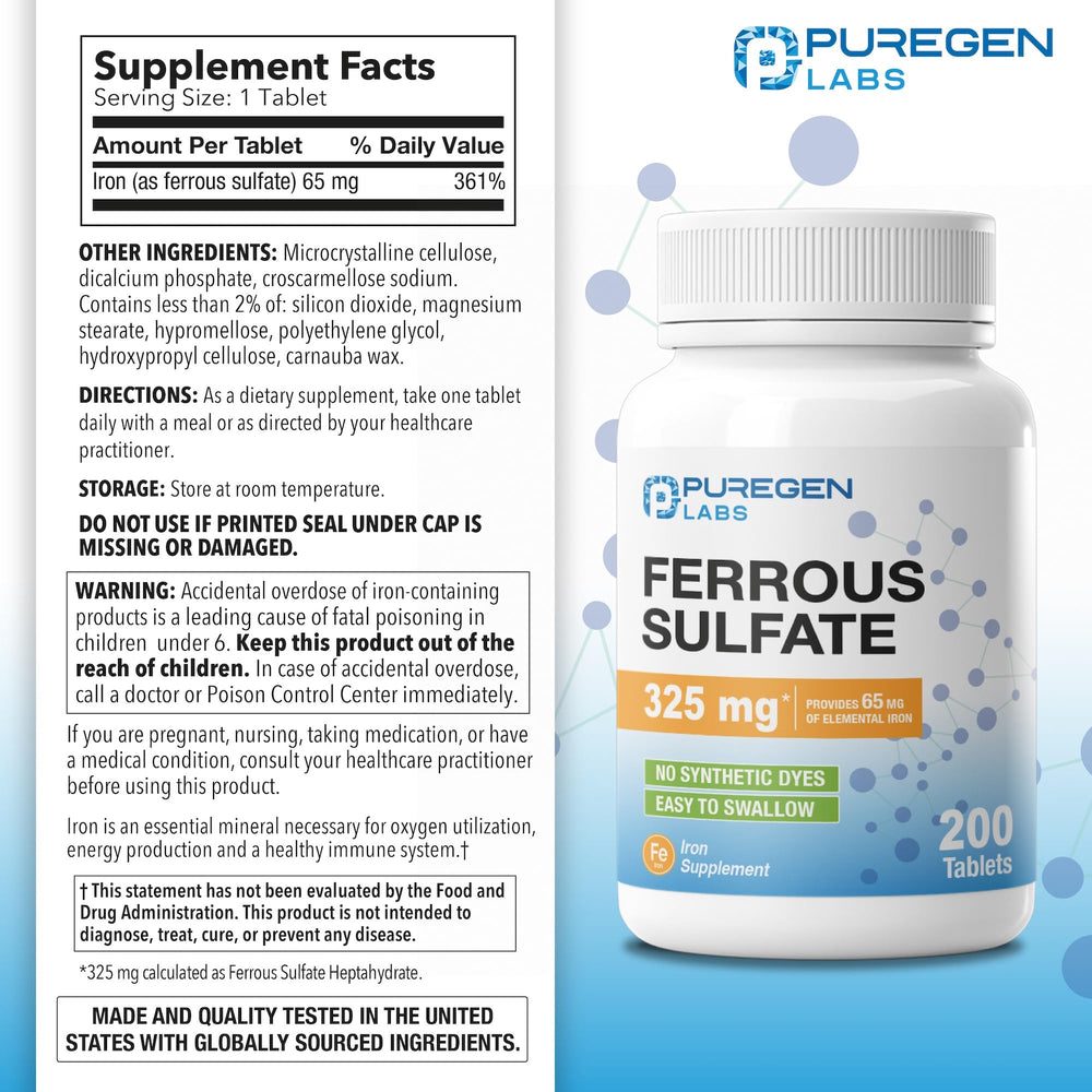 Puregen Labs Ferrous Sulfate tablets closeup highlights compact daily-use pills.