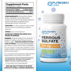 Puregen Labs Ferrous Sulfate tablets closeup highlights compact daily-use pills.