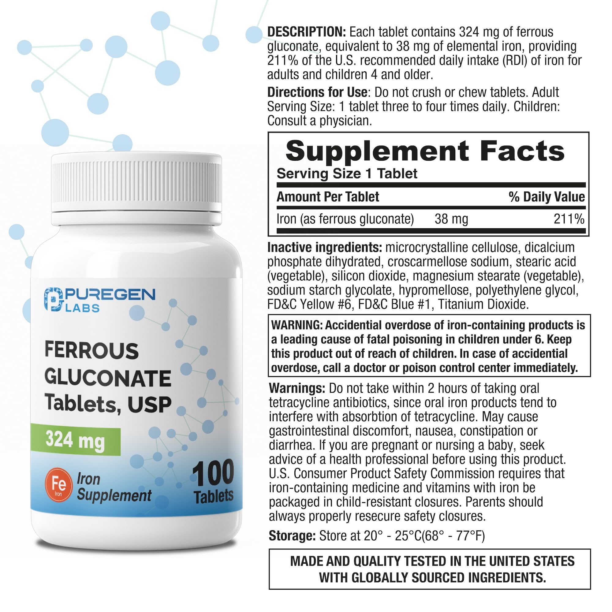 Puregen Labs high-potency iron bottle on shelf for daily use.