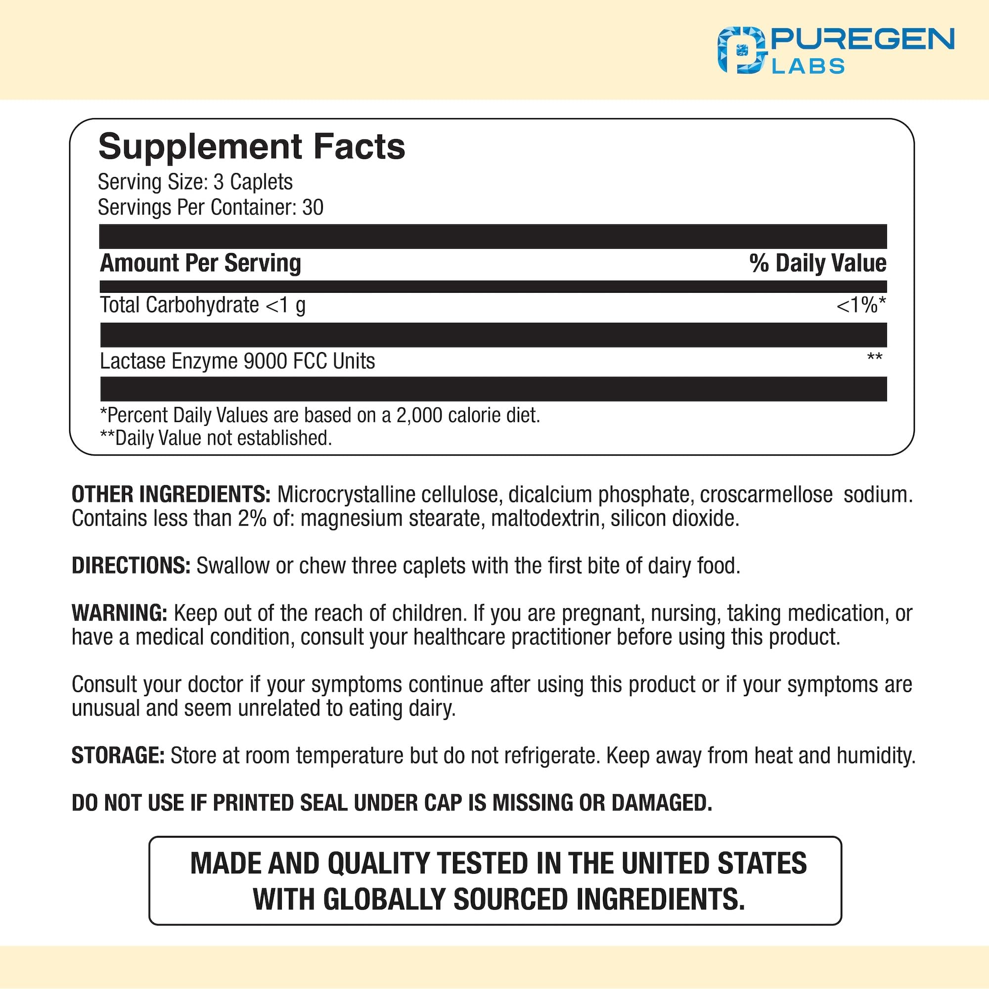 Puregen Labs lactase enzyme 3000 FCC caplets provide fast dairy digestion support.