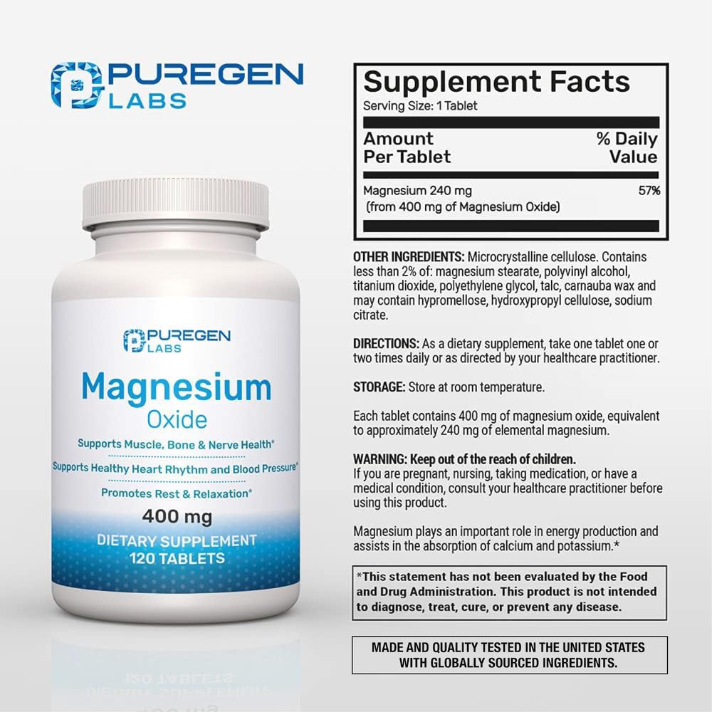 Puregen Labs magnesium bottle label back shows ingredients and usage for muscle support.