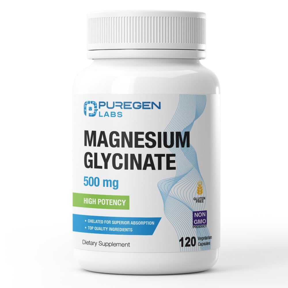Puregen Labs Magnesium Glycinate 500mg bottle label highlighting high potency