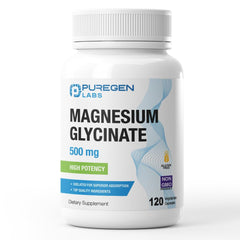 Puregen Labs Magnesium Glycinate 500mg bottle label highlighting high potency