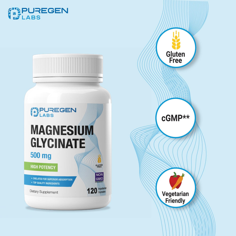 Puregen Labs magnesium glycinate 500mg bottle ready for evening routine