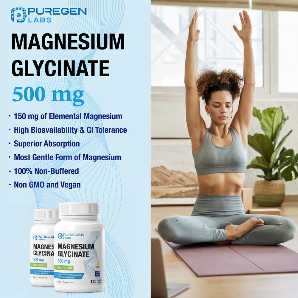Puregen Labs magnesium glycinate 500mg veggie caps with allergen-free claim