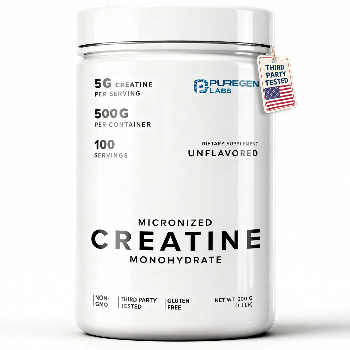 Puregen Labs Micronized Creatine Monohydrate bottle highlights pure formula and easy dosing.