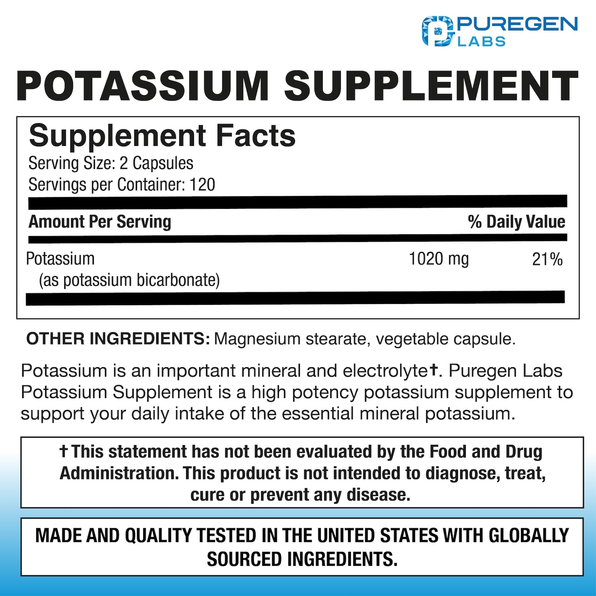 Puregen Labs potassium bicarbonate capsules closeup highlighting easy-to-swallow pills.
