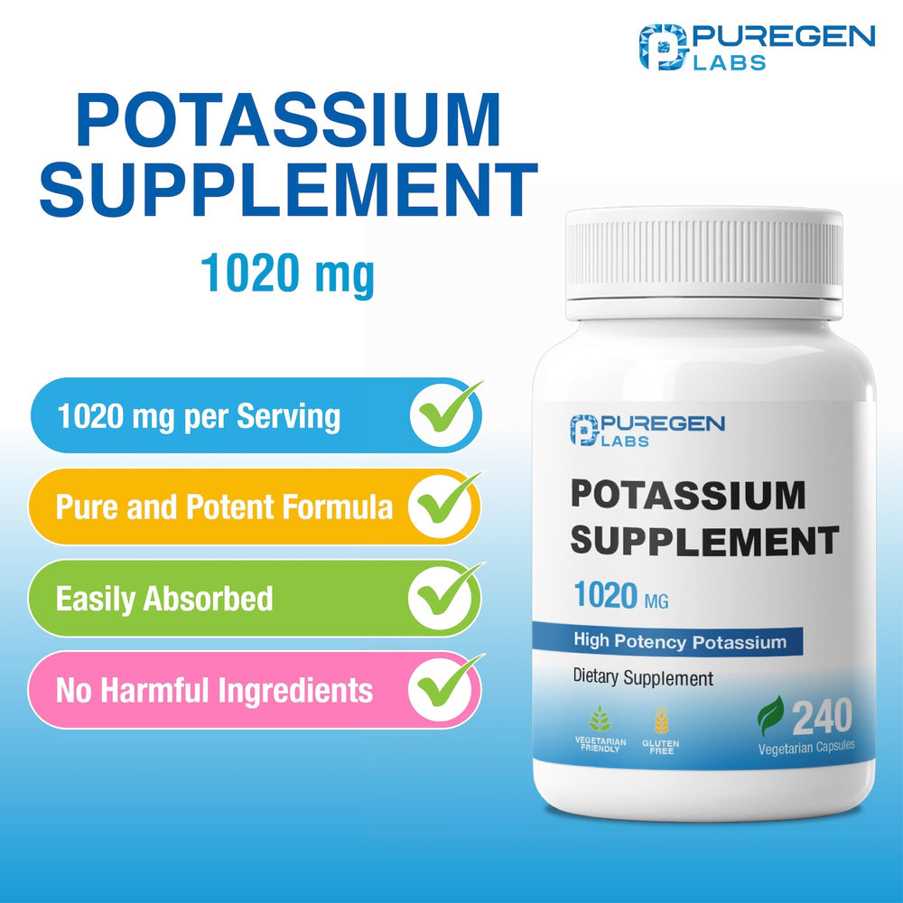 Puregen Labs potassium bicarbonate label shows non-GMO and gluten-free assurances.