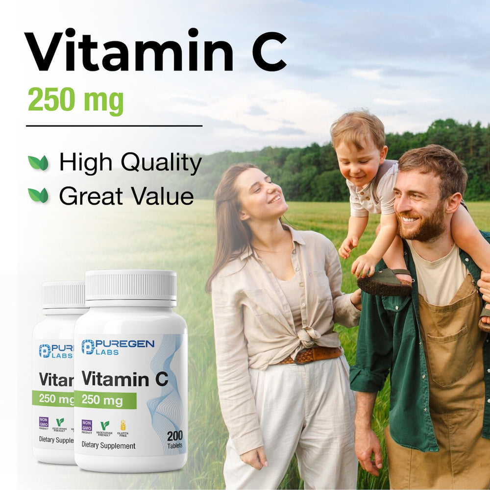 Puregen Labs Vitamin C 250mg ingredients globe emphasizes high-quality sourcing