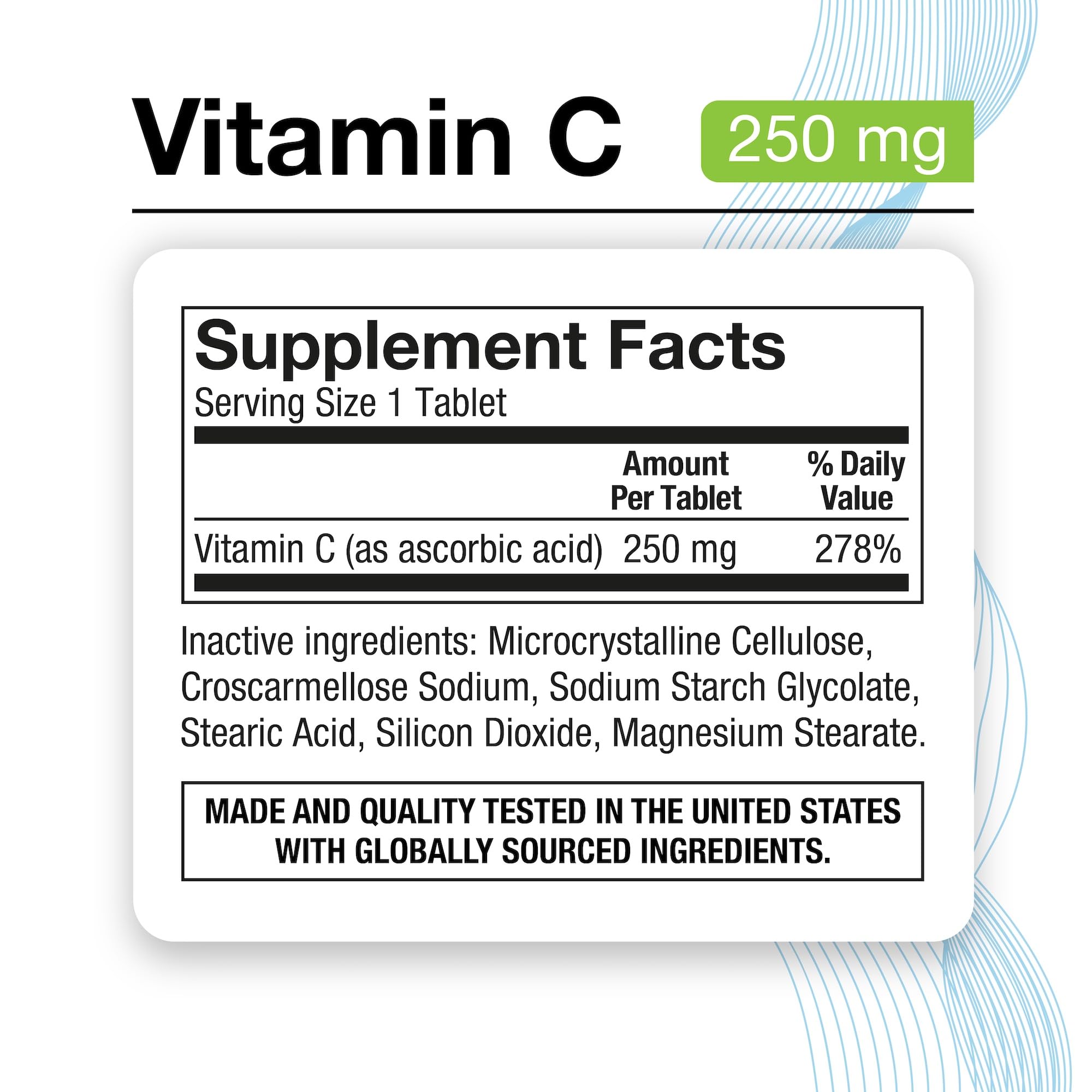 Puregen Labs Vitamin C 250mg label close-up highlighting non-GMO and gluten-free formula